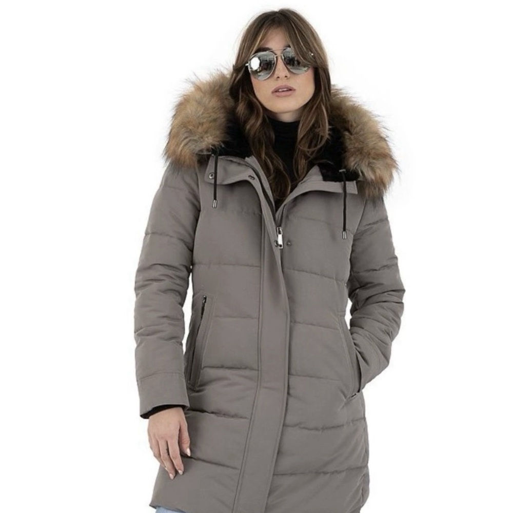 Nine West Gray Fur-Trimmed Puffer Jacket